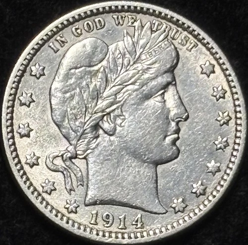 1914 Barber Quarter Silver Mint Luster Choice Example