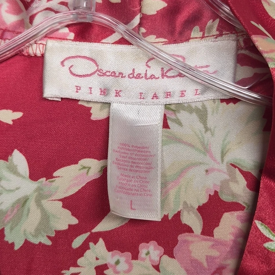 Oscar de la Renta розовый ярлык красный цветочный атласный халат размер L длинные карманы без галстука - Изображение 2 из 4