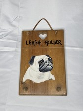 Hand Painted Wooden Leash Holder Pug Dog KJ Mills