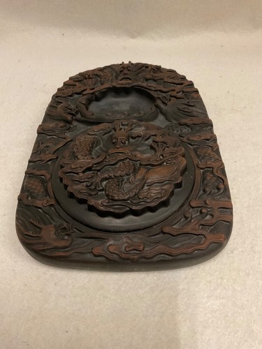 Vtg. Chinese Calligraphy Tools Covered Dragon Statue Chengni Inkstone Inkslab