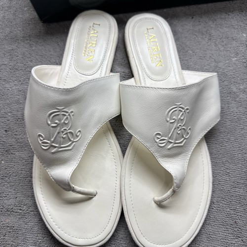 Lauren Ralph Lauren cremefarbene Damen-Ledersandalen 8B Logo Flip-Flop Strand adrett - Bild 8 von 11