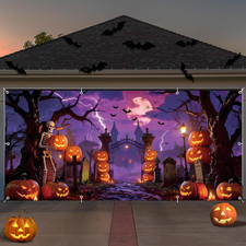 Halloween Garage Door Cover Decorations Banner 7X16Ft Spooky Graveyard Skeleton