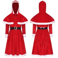 Womens 3 Pcs Mrs Santa Costumes Christmas Dance Dress with Waist Belt Hooded Cap