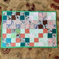 VTG Handmade Patchwork Square Color Block Quilt Green Back 72  x48  Twin Blanket
