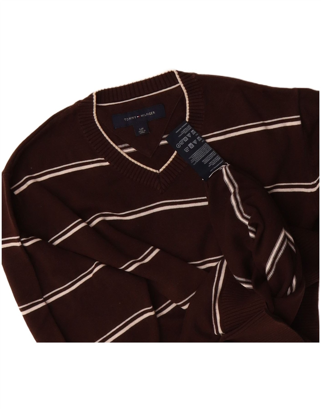 TOMMY HILFIGER Mens V-Neck Jumper Sweater Small Brown Striped Cotton DJ17 thumbnail 3