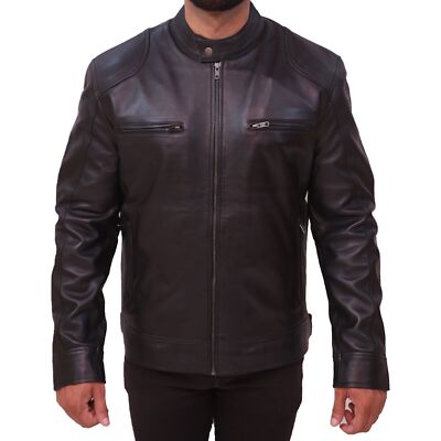 Men's Genuine Sheepskin Real Leather Biker Motorcycle Black Stylish Jacket Coat