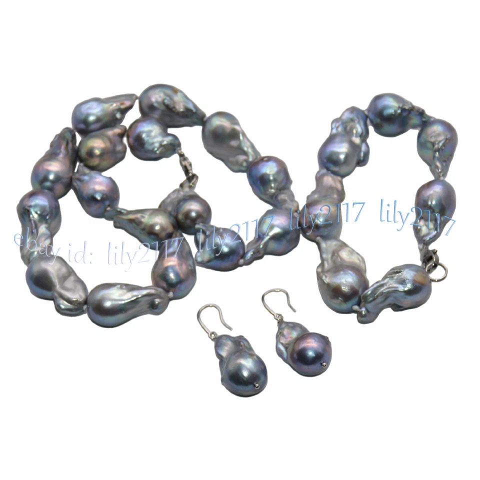 Огромный 20-25 мм натуральное серебро серый барокко жемчуг ожерелье браслет серьги комплект - Изображение 3 из 4