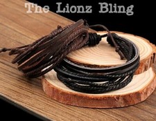 Boho Emo Punk set of 2 Black  Brown Genuine Leather  Hemp Strand Bracelets