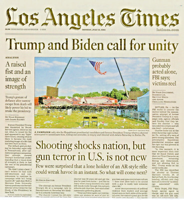 LOS ANGELES TIMES NEWSPAPER - JULY 15, 2024 - TRUMP AND BIDEN CALL FOR UNITY