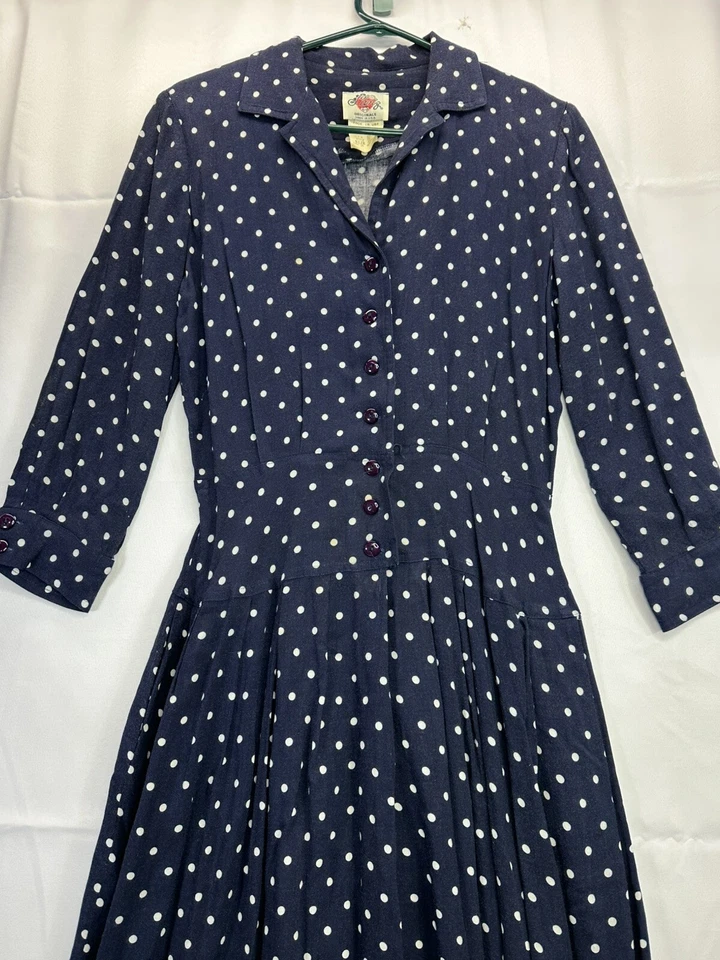 Vtg LANZ 80s Does 40s Secretary Midi Dress Blue White Polka Dots Sz 10 Made USA - Image 2 of 4