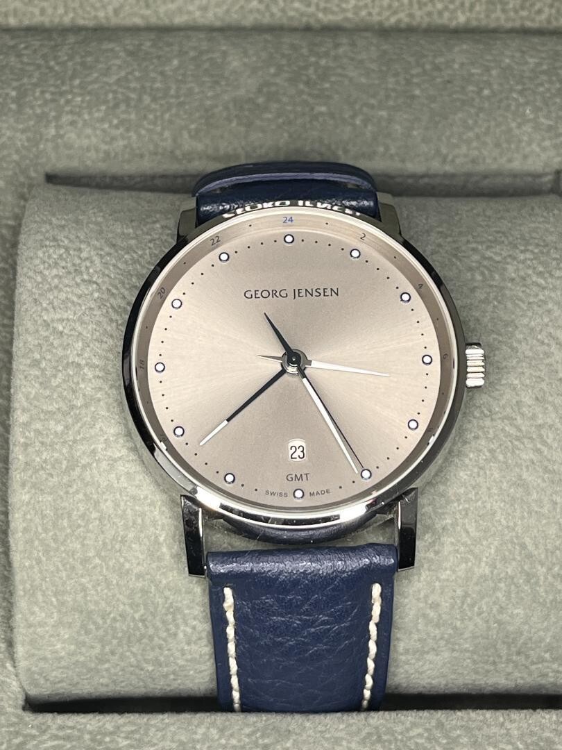 Georg Jensen Koppel 519 GMT Dual Time Watch Blue Calf Leather 