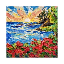 La Jolla Cove Oil Painting Sunset California Coastal Textured Art 8x8 in