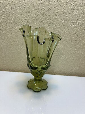 Fenton #8359CG Col. Green Valencia Handkerchief Ft d Vase Fenton Signed Perfect