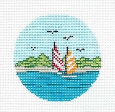 Sailboats on the Bay 3" Ornament handpainted Needlepoint Canvas Needle Crossings