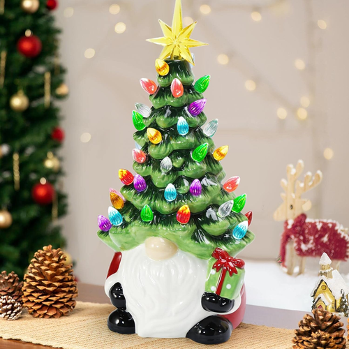 Christmas Decorations - 12” Lighted up Gnomes Ceramic Christmas Tree with 46 Mul