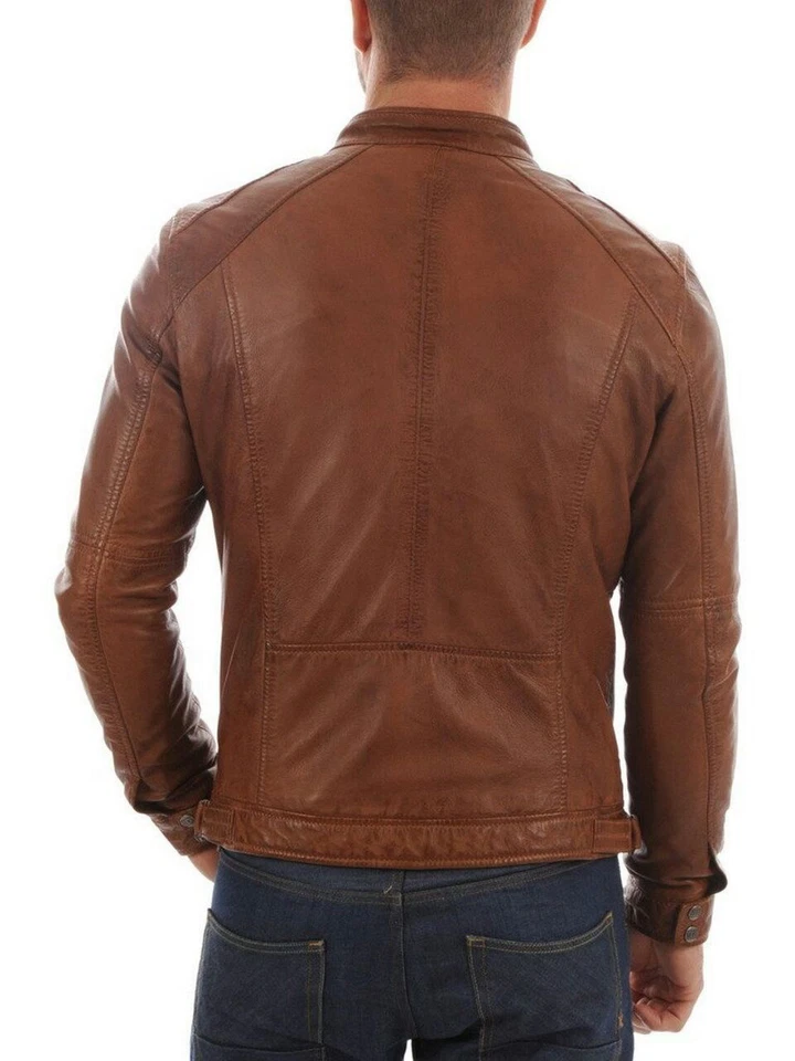 New Men's Genuine Lambskin Leather Jacket TAN Slim Fit Biker Motorcycle Jacket - Imagem 2 de 2