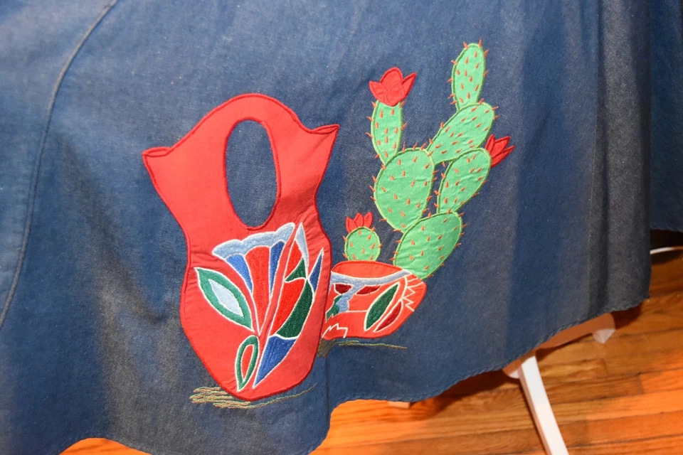 Saia jeans vintage década de 1970 Flo-Ree's of Texas algodão linha A aplique de cacto grande - Imagem 3 de 4