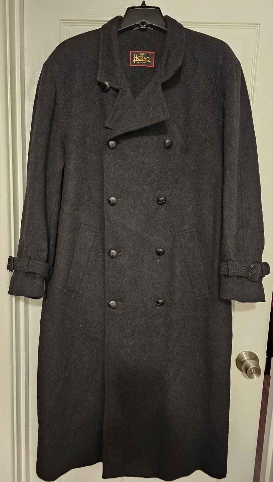 Herno, Vintage Herno Black Wool Double Breasted Belted Coat Size 50 Made In Italy