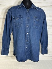 Wrangler Chambray Blue Jean Denim Work Shirt Western Pearl Snap Large Mens vtg.