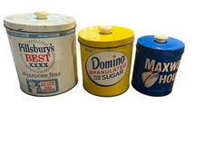 VTG J.L. Clark Metal Tin Canister Set Pillsbury, Domino, Maxwell w/lids- nesting