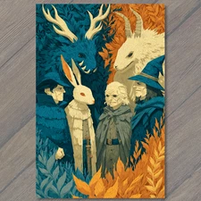 Art Print Forest Wizards Rabbits Monsters Teal Orange Fantasy Surreal Magic