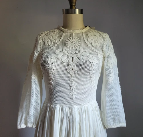 ZARA IVORY MAXI DRESS with SEMI SHEER MESH EMBROIDERED TOP SECTION & FLOWY SKIRT