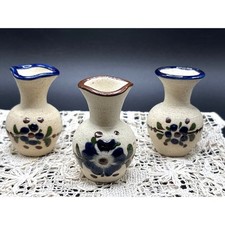 Vintage Tonala Style Mexican Pottery Sandstone Bud Vases Set of 3 Floral Design