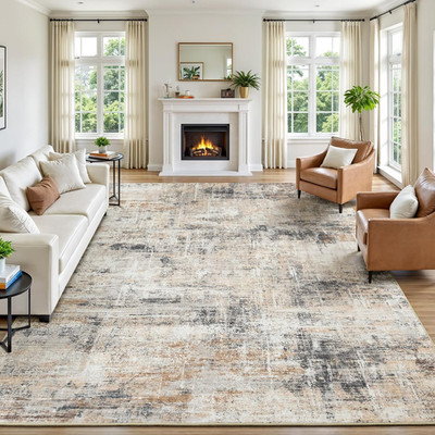 8X10 Area Rug for Living Room, Gold Abstract Large Rugs with Non-Slip Backing, N