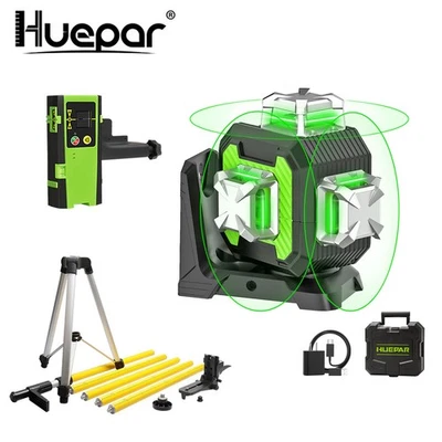Huepar 3D Green Selbstnivellierende Laser-Wasserwaage +Empfänger +Teleskopstange - Bild 1 von 4