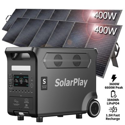 2025 SolarPlay 3600W Power Station 3840Wh LiFePO4 Battery+2Pcs 400W Solar Panel