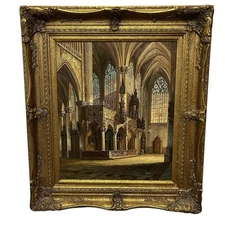 Vintage Oil Painting Gothic Cathedral Interior M. Stanley Ornate Frame 30 x 34