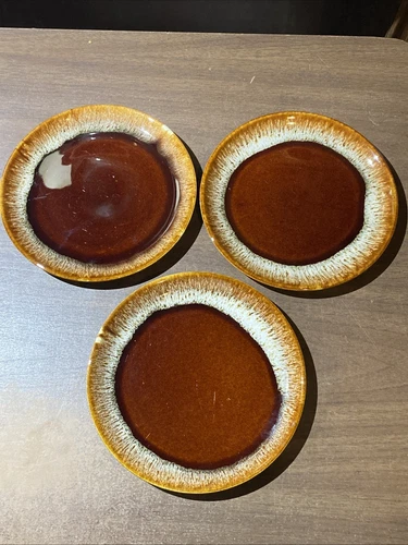 Vintage Lot Of 3 Brown Drip Glaze Pottery Salad Bread Plates 7 1/2"