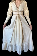 Vintage 1970’s Cream Gunne Sax Style Cottage Core Maxi Dress With Rope Trim