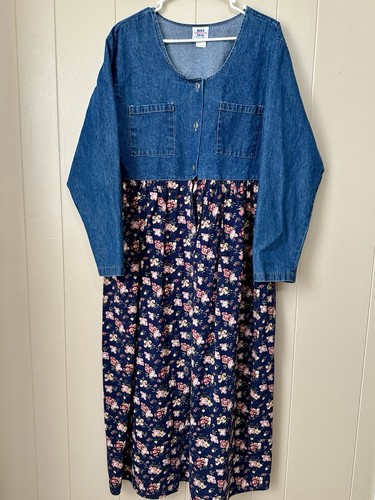 Vtg NU Dimension Denim Floral Dress One Size XL Full Button 90s Maxi Modest
