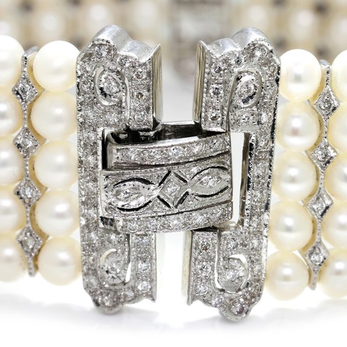 Vintage Multi-Row Pearl Bracelet with Diamonds 18K White Gold - Picture 8 of 9