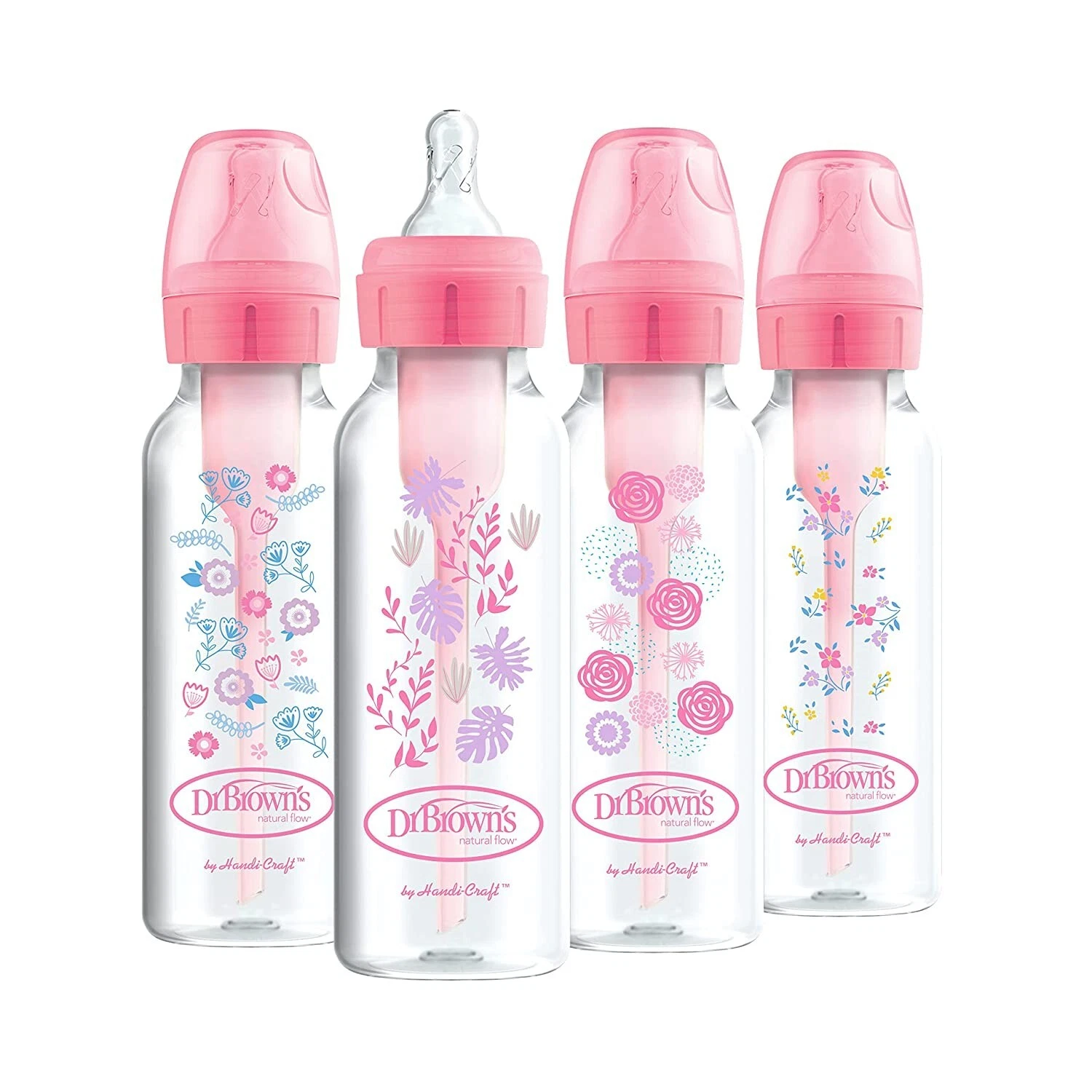 Dr.Browns Options+ Baby Bottles Narrow BPA Free Pink Floral Design 8Oz 4 Pck NEW