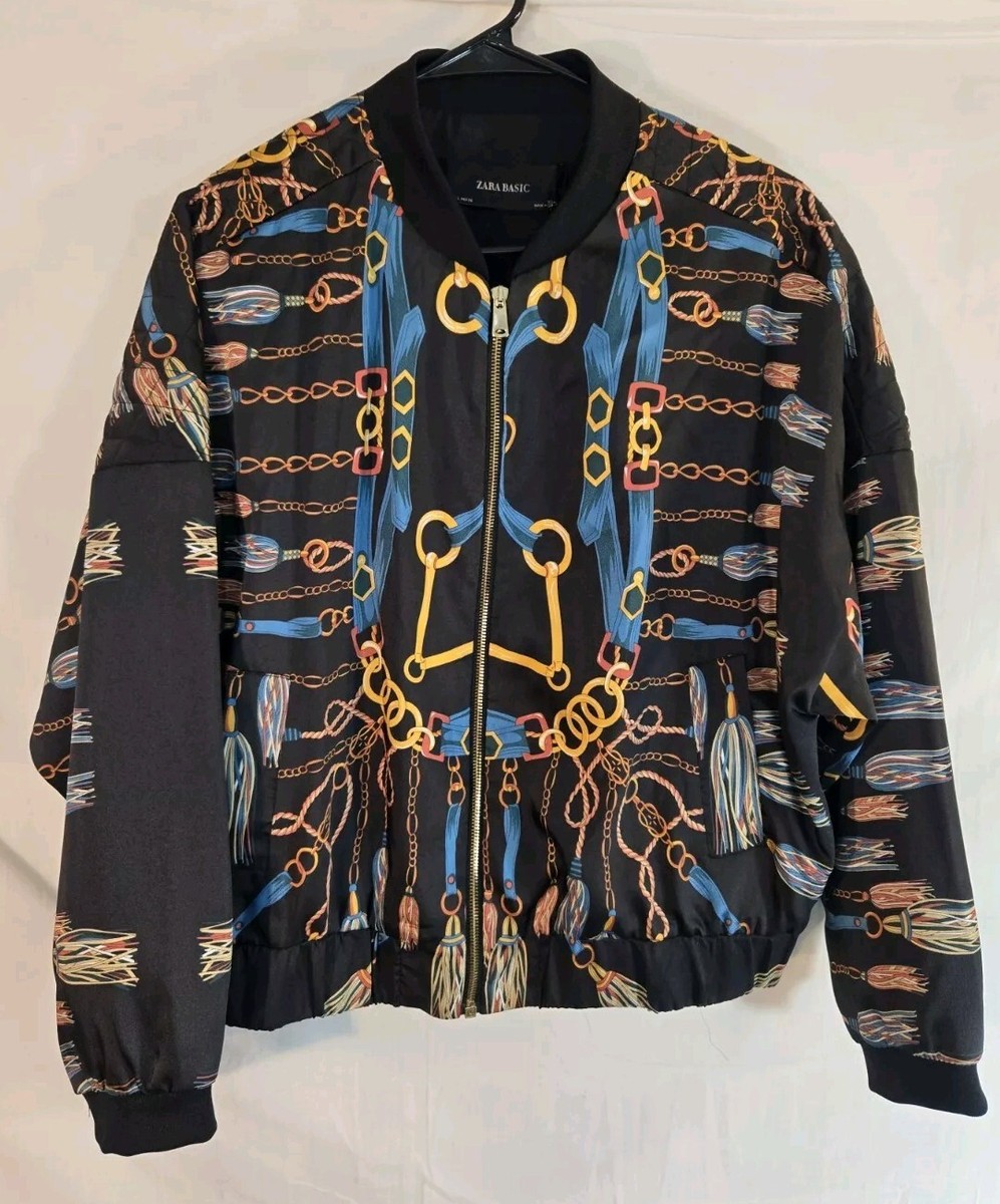 ℳ Zara Women's Large Black Satin Chain Baroque Print Bomber Jacket