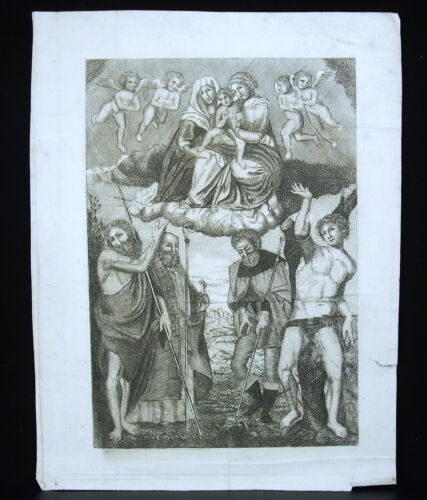 Gravure religieuse XVIIIe jésus Marie au royaume des cieux Religious engraving