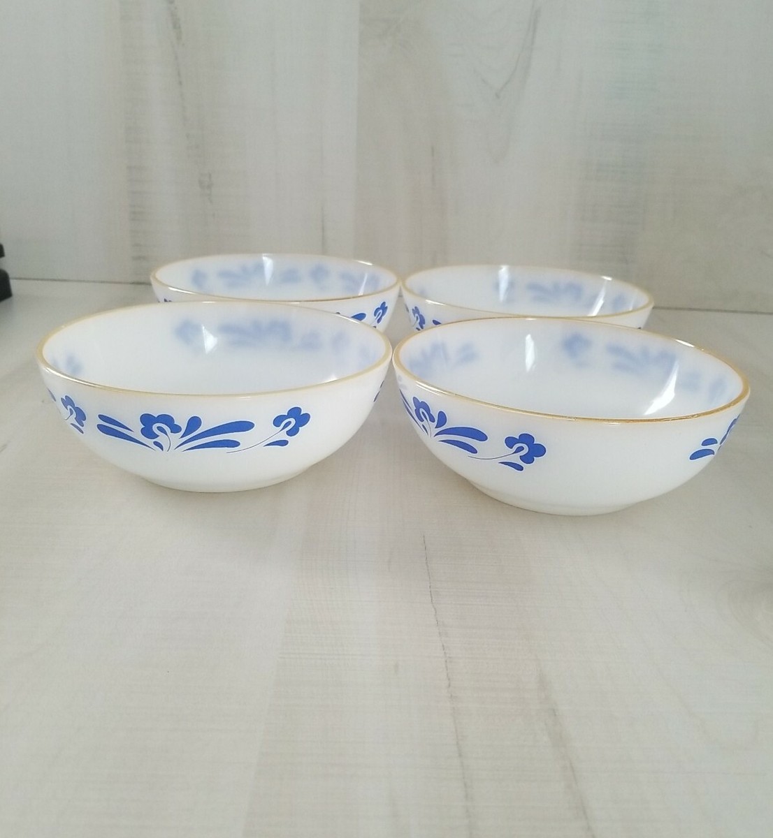 4 vintage Termocrisa Milk Glass Bowls White w Blue Floral