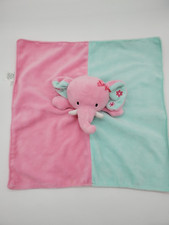 Okie Dokie Hugs Pink Aqua Elephant Baby Security Blanket Rattle Satin Back