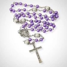 Purple Pearl Beads Rosary White Our Father Beaded Necklace Lourdes Medal & Cross