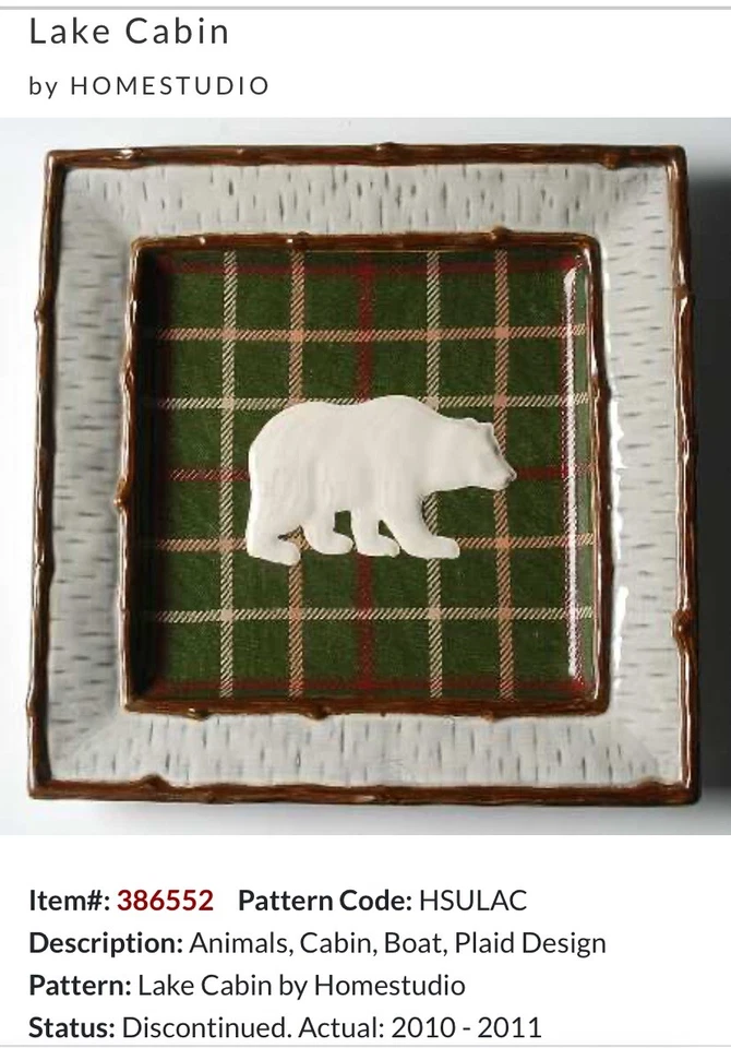 Lot Of 2 Retired Home Studio LAKE CABIN DUCK 11" Sq Dinner Plates: Red Plaid - Image 3 of 4