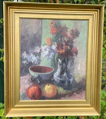 Oil Painting - Signed - Bouquet Of Flowers And Apples Arte Arte