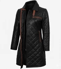 Glen Womens Real Leather Black Quilted Car Coat with Brown Detailing