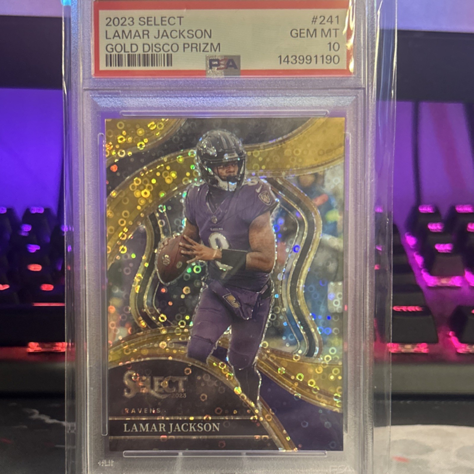 2023 Panini Select Gold Disco Prizm Lamar Jackson 1/10 1ST ON PRINT Club Level