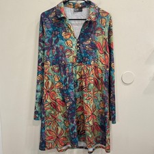 Isle Apparel Rainbow Tropical Floral Stained Glass Long Sleeve Tunic Dress Large
