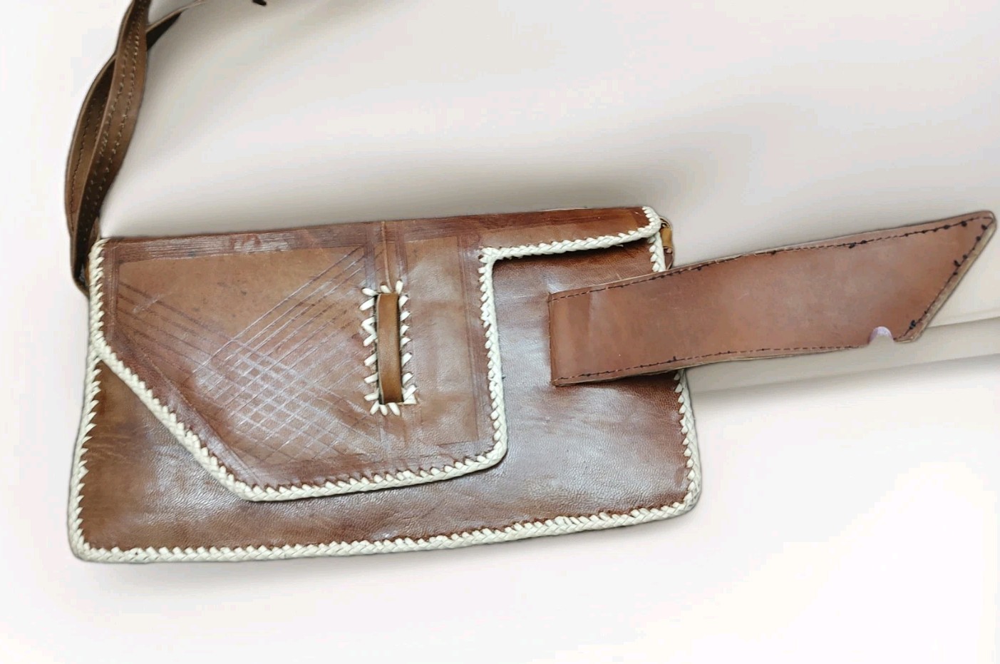 70's Handmade Leather Patchwork Clutch  African M… - image 9
