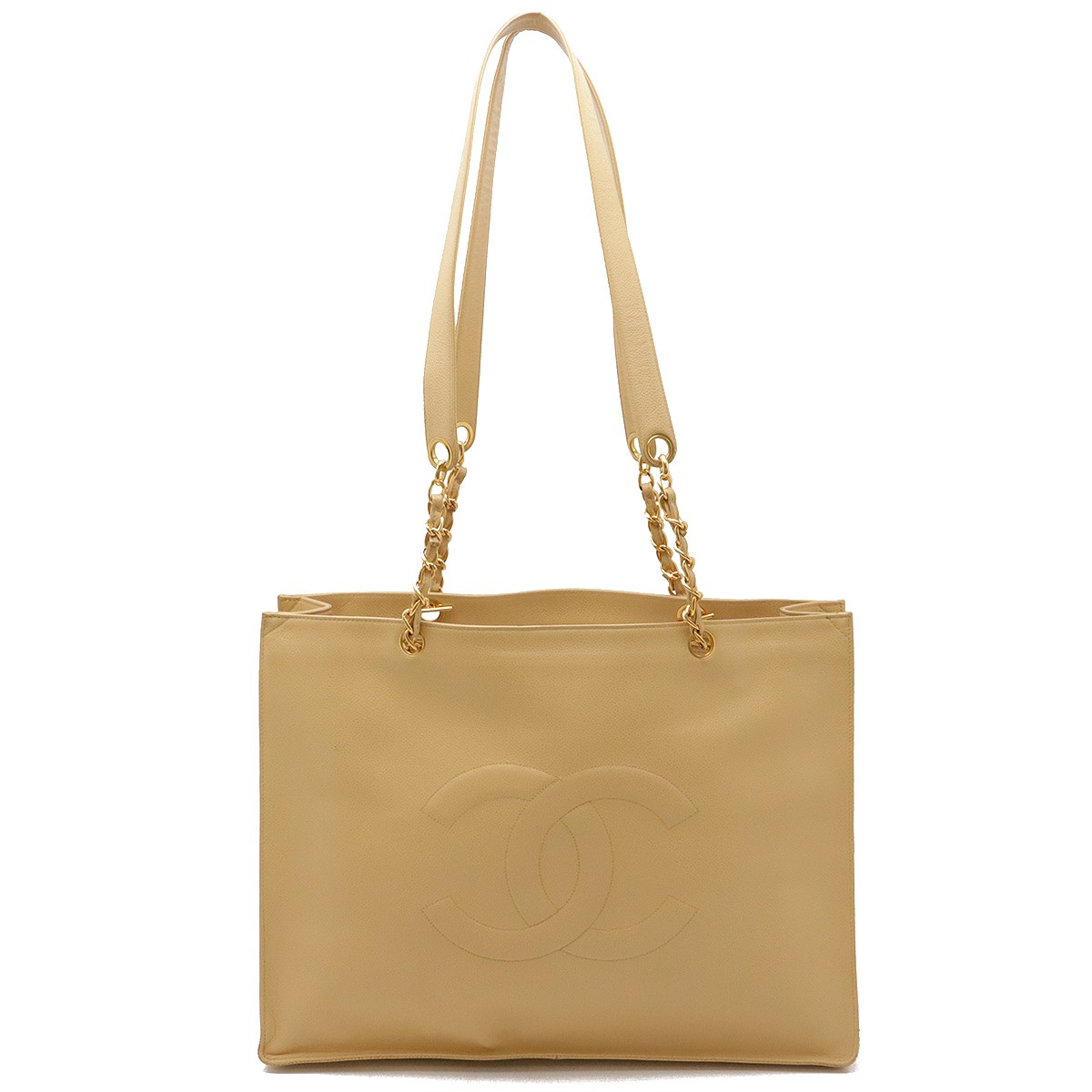 CHANEL Coco Mark Chain Shoulder Tote in Beige Caviar Leather with Gold Hardware