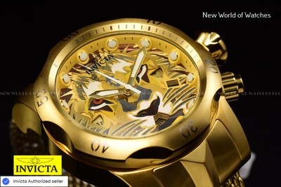 Invicta Men's VENOM LION FACE Chronograph Gold Dial Swiss Mesh Band  Watch