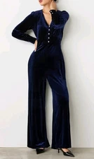 Finery Posie Long Sleeve Wide Leg V-Neck Velvet Jumpsuit, Navy, UK 10